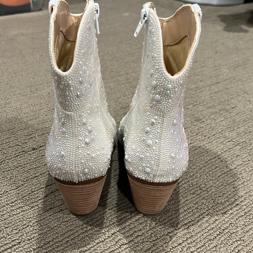 Betsey Johnson White Ankle Boots with Rhinestones - Picture 3 of 5